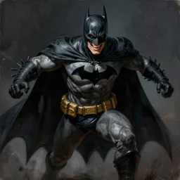 portrait painting of the batman who laughs, full figure action shot, sharp focus, award - winning, dark fantasy, eerie, trending on artstation, masterpiece, highly detailed, intricate. art by josan gonzales and moebius and deathburger