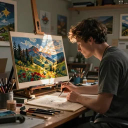 an artist who works hard in his studio to surpass the results obtained by an artificial intelligence,