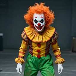 insane rockstar clown with crazy orange hair, bloodshot eyes, green pants and weird yellow striped shirt. 8 k resolution, photograph, trending on art station.