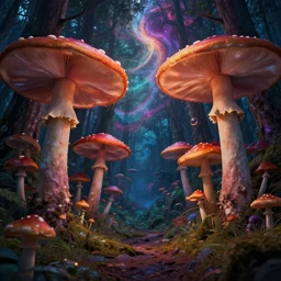 psychedelic forest with large mushrooms, mystical, digital art, rich colors, elegant, nebula, trippy n - 9