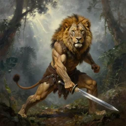 muscular lion as barbarian hunter with sword  , battle pose ,very textured detailed oil painting panoramic 4k hires detailed portrait by rembrandt,  dramatic clouds, thunder in the foggy jungle  ,sun rays through trees