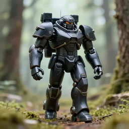 a 3 5 mm photo from the front of a black detail giant mecha armored war astronaut walking in the woods, splash art, movie still, bokeh, canon 5 0 mm, cinematic lighting, dramatic, film, photography, depth of field, award - winning, backlighting, overcast, 8 k, hyper detailed, 3 5 mm film grain