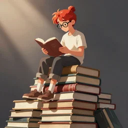 a young man with red hair in a bun and glasses sits on top of a tall pile of books. he is reading. clean pretty cartoon painting, cel shaded, beautiful detailed face.