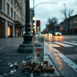 vodka plastic bottle chilling on the street by an lamppost with cigar buds all over the place and broken glass, realistic, hdr, hdd, 8 k,