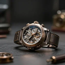 a futuristic steampunk watch lying on a table, high detail, sharp focus, depth of field, bokeh, cinematic lighting and composition, by syd mead and greg rutkowski and android jones