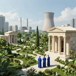 verdant green Mediterranean garden based on the design of carlo scarpa in a megacity made of travertine temples, three monks wearing blue robes in the foreground, nuclear power station in the distance, sci-fi, light blue sky with clouds, optimistic matte painting, style by syd mead, 8k, octane render, photorealistic, hyperrealism