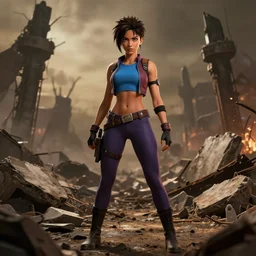 april o'neil by afro samurai, dramatic lighting, stands amongst the rubble of a battlefield