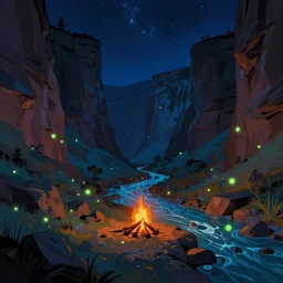 concept art by jama jurabaev, cel shaded, cinematic shot, trending on artstation, high quality, brush stroke, vibrant colors, under the night sky, mysterious canyon creek, fluorescent spots, lonely campfire