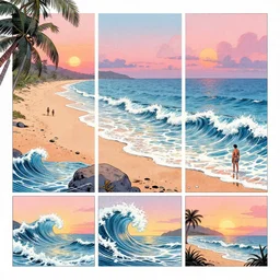 full page illustrations of dreamy desolate beach scenes on a hot summer evening, tropical color palette, by carel willink and gregory crewdson, big waves, surf, comic book panels
