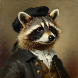 a head and shoulders portrait painting of an anthropomorphic!!!!!!!!!!!!!!!!!!!! raccoon!!!!!!!!!!!!!!!!!!!! wearing a colonial outfit without a hat looking off camera, a character portrait, classicism, oil on canvas, hatching brush strokes