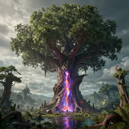a beautiful hyperrealistic detailed 3 d render of a colossal, flying vampiric tree sucking plasma from the swamplands, by anton otto fischer, atey ghailan, by brom, unreal engine, octane render, epic, 3 d, intricate, ultra wide, artstation, volumetric lighting, hdr, polished, micro details, ray tracing, 8 k
