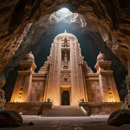 brutalist aztec temple in the cave, beautiful dynamic lighting, cinematic, wide angle establishing shot, extremely high detail, photo realistic, cinematic lighting, post processed, concept art, artstation, matte painting, style by eddie mendoza, raphael lacoste, alex ross