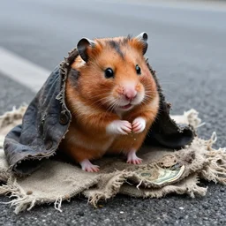 soaking wet homeless hamster begging for money on the side of the road, tattered clothing, sitting on a tattered blanket