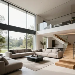 A modern style living room with floor to ceiling glass windows on the left and on wooden stairs to the second floor on the right, two white sofas with a white marble table in the center, stairs to the second floor, 8k resolution, professional interior design photograph, wide angle photograph