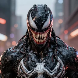 incredibly realistic, too detailed portrait of a caricature of marvel's venom with cornrows and tattoos, centered portrait, octane render, bump mapping, global illumination, unreal engine 5, 8 k, bokeh, d & d digital art, mark ryden, rob gonsalves