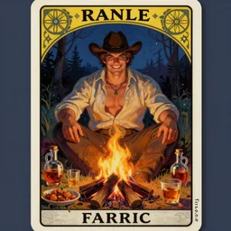 a dramatic, ethereal painting of a handsome thicc mischievous cowboy smirking with an open shirt sitting behind a campfire at night with food and jugs of whisky | tarot!! card, art deco, art nouveau | by Mark Maggiori | trending on artstation
