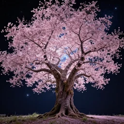 fractal sakura in deep space in style of Dean Roger, massive wide trunk, hyper realism, contrast picture