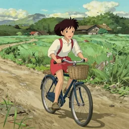 a young girl riding a bike with a basket on a dirt path, 1970s philippines, art by hayao miyazaki, studio ghibli film, hi res, 4k