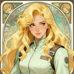a young april with a mischievous face and extremely long blonde wavy hair dressed in a green pale mechanic suit, she is a jedi, intricate detailed face, artgerm, greg rutkowski, alphonse mucha