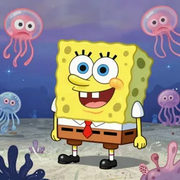 a beautiful digital colorful illustration SpongeBob SquarePants as cheese, Nicktoons, jelly fishes, TV Y-7, bioluminescence by makoto shinkai and thomas kinkade