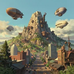 Downtown Battle Mountain with steampunk airships in a studio ghibli aesthetic, Mountain by Craig Mullins, Rendered in Octane, cinematic, Highly Detailed