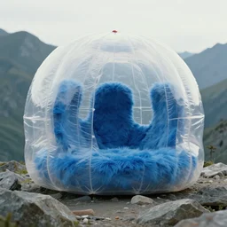 a strange huge translucent pvc inflated organic architecture building with blue fluffy fur inside by anish kapoor sits in the rock mountains, film still from the movie directed by denis villeneuve with art direction by zdzisław beksinski, close up, telephoto lens, shallow depth of field