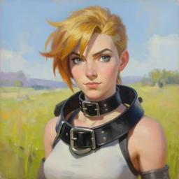 oil painting of tracer overwatch in a field wearing very large black leather belt choker collar around neck, in style of mark arian, expressive face, very detailed face, very detailed eyes, belt around neck, full body, feminine face, tracer overwatch,