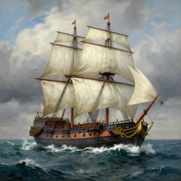 a detailed dramatic matte painting of a galleon sailing on tumultuous seas, painting by Noah Bradley and Thomas Cole, trending on ArtStation.
