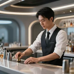 an asian man with black hair working behind a futuristic bar, detailed, professional, beautiful, well lit, realistic, hdr, 8k, high resolution, unreal engine 5