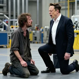 a poor elon musk kneeling before rich elon musk, the poor one disheveled and broken. just before this picture was taken, the standing, well dressed rich elon on the right was shouting at poor elon musk on the left because poor elon musk didn't do enough work in the gigafactory today.