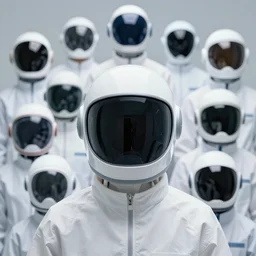medical, diverse medical cybersuits, clean, helmet view, smooth, visor, macro, biological, clean, simple, wide wide angle, vivid, elaborate, highly detailed, beautiful lighting