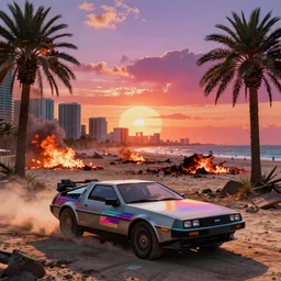car wide shot epic post apocalyptic landscape wasteland miami nuke fire craters end of the world miami beach sunset vapor wave fucked up palm trees 80s synth retrowave delorean decal