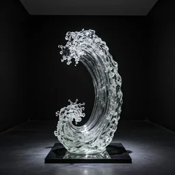 a glass statue made of undulating waves displayed in an empty black room