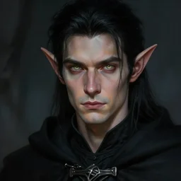 Portrait of an elf in a black cloak, black hair, glowing eyes, male, detailed face, fantasy, highly detailed, cinematic lighting, digital art painting by greg rutkowski