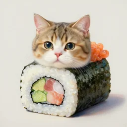 a beautiful picture of a cat as a sushi roll, sushi roll costume, studio picture, realistic illustrative painting, artgerm, visionary arts, huang guangjian