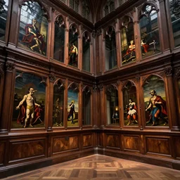 deep 3 point perspective, Wall full of wooden glass cabinets with oil paintings Inside the gothic museum, by Dali, dramatic lighting, photorealistic, wolumetric lighting, high detail, cinematic feel, wideshot, high octane, 4K, Unreal Engine, digital render, intricate, ultra realistic