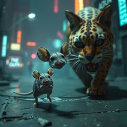an alive mouse running away from a big cat by mark ryden in cyberpunk environment, 4 k ultra high resolution, horror, long camera shot