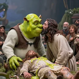 shrek kissing a slime - covered jesus rising from his grave, dead people everywhere, photorealistic, 1 9 4 9