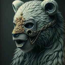 bear portrait, head on face, volumetric, wearing a carved half mask with incrustations, ethereal, elements, baroque, rococo, ink, tarot card enviromet, cinematics lights, detailed, intricate illustration, octane render, fine art by peter mohrbacher & marc simonetti