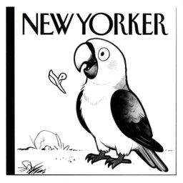 a still frame from comic strip about the parrot having fun 1 9 9 0, new yorker illustration, monochrome contrast bw, lineart, manga, simplified