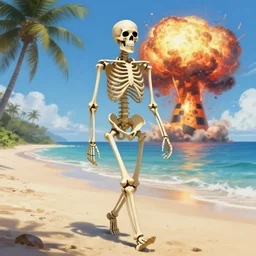 Beautiful digital painting portrait of relaxed skeleton walking on the tropical beach with nuclear bomb explosion in the background, high quality, trending on Artstation, realistic, tropical color scheme, anatomically correct skeleton, high coherence, clear blue sky