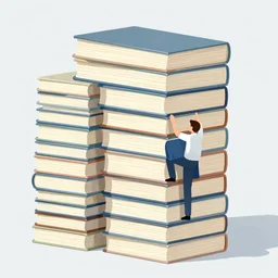 a person climbing up a giant stack of books