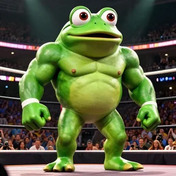 pepe the frog, muscular and 7 feet tall, in wrestlemania