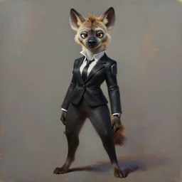 oil painting detailed full body of anthromorphic female hyena, in style of zootopia, zootopia, zootopia, fursona, furry, furaffinity, 4 k, deviantart, furry art, fursona art, wearing black business suit, business suit, in style of zootopia, hyena fursona, cyberpunk, female, expressive, detailed feminine face,