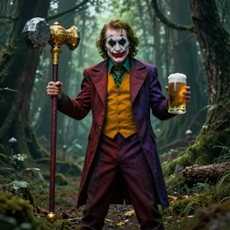 robert de niro as medieval joker, crazy colorful clothing with a heavy golden mace in his left hand and a beer jug in his right hand, full body portrait with high detailled face, symmetrical face, intricate details, wandering through a forbidden forest, trending on artstation, 8 k hyperrealistic, style of peter mohrbacher, octane render, unreal engine