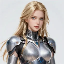 a beautiful woman wearing futuristic armor, blonde, long hair, pixiv, hyperrealistic