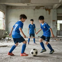 kids playing soccer in abandoned city