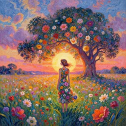 girl made from surreal exploding flowers, standing in flower field, big trees, sunrise dramatic light, impressionist painting, colorful clouds, digital painting, pointillism, artstation, simon stalenhag