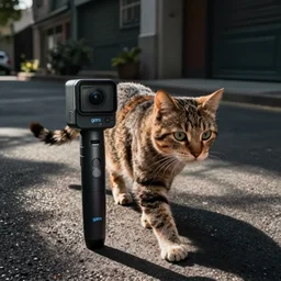 gopro pov of a cat walking street.