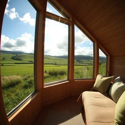 wide angle photograph of cozy hygge tiny house, large window looking out at idyllic green scottish countryside, sunny, peaceful clouds